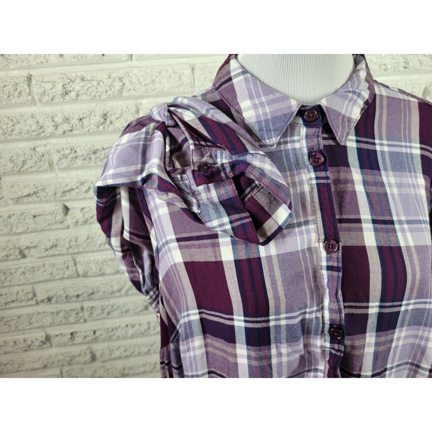 Catherines Womens Top 0X Plus Long Roll Tab Sleeve Purple Plaid Ruffle Rayon