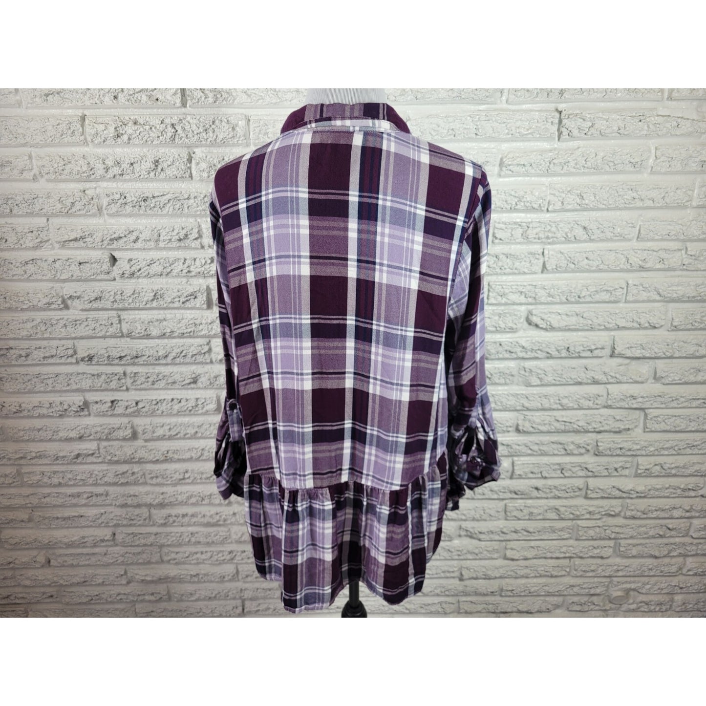 Catherines Womens Top 0X Plus Long Roll Tab Sleeve Purple Plaid Ruffle Rayon