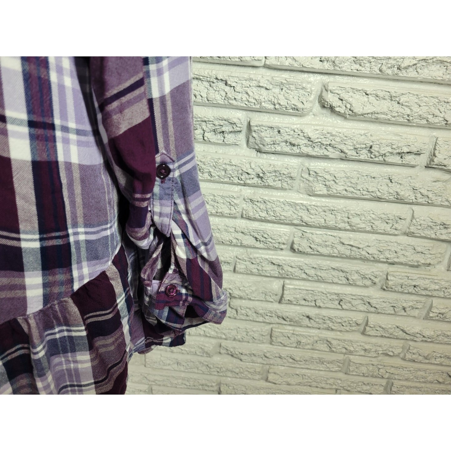 Catherines Womens Top 0X Plus Long Roll Tab Sleeve Purple Plaid Ruffle Rayon