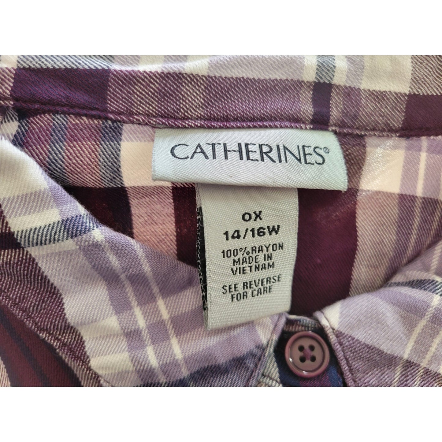 Catherines Womens Top 0X Plus Long Roll Tab Sleeve Purple Plaid Ruffle Rayon