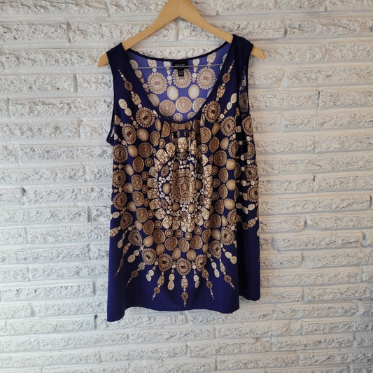 Nicole Miller Womens Top XL Tank Pleated Lightweight Blue Medallions Casual