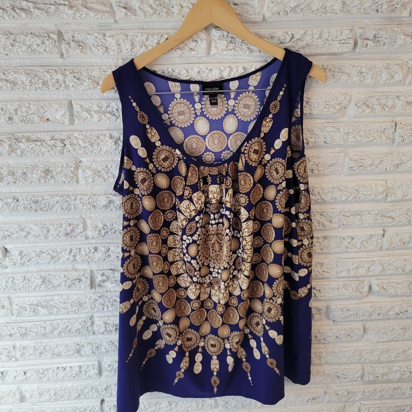 Nicole Miller Womens Top XL Tank Pleated Lightweight Blue Medallions Casual