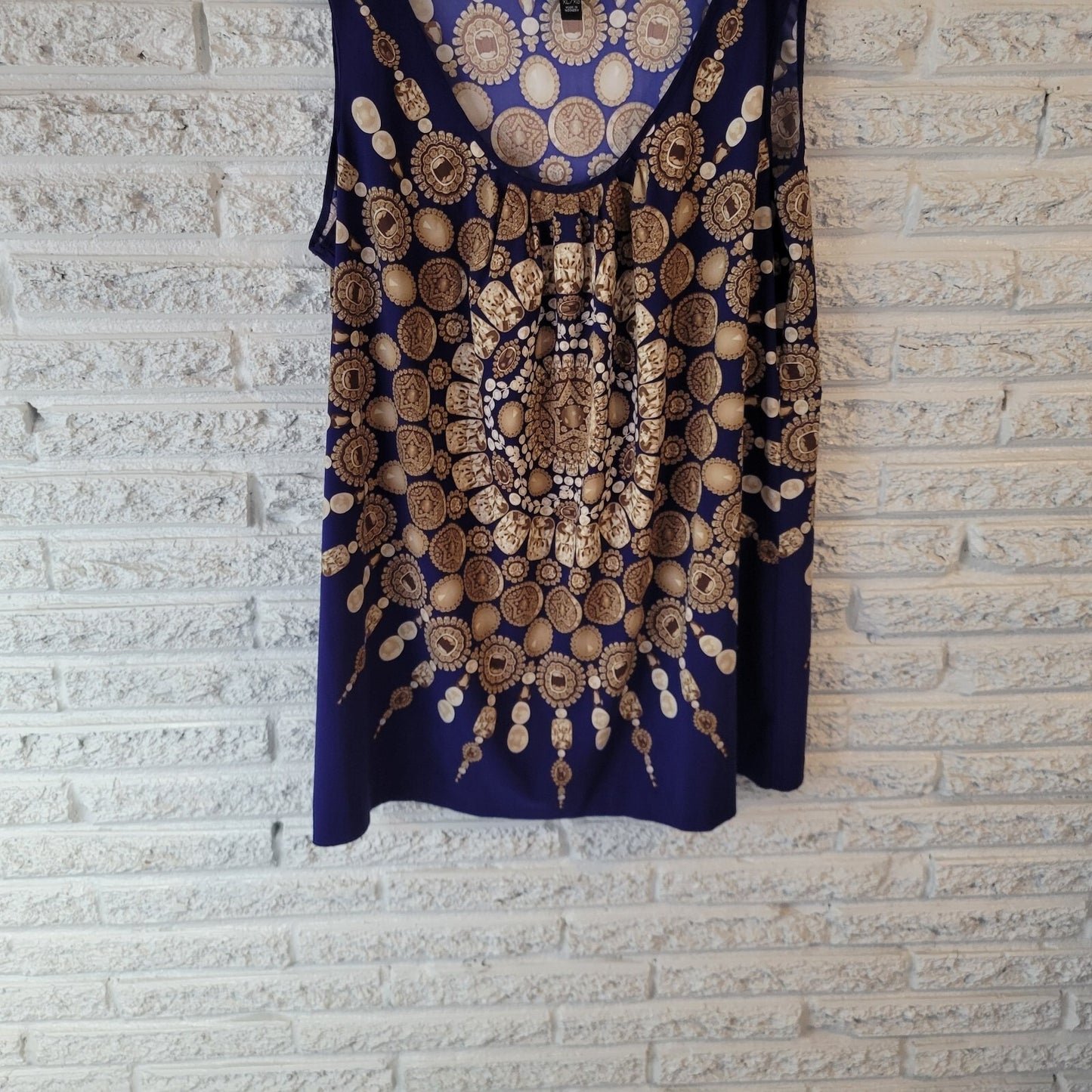 Nicole Miller Womens Top XL Tank Pleated Lightweight Blue Medallions Casual