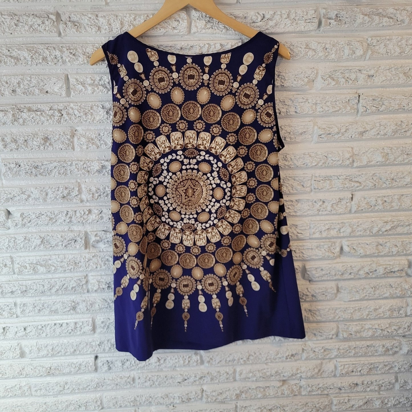 Nicole Miller Womens Top XL Tank Pleated Lightweight Blue Medallions Casual