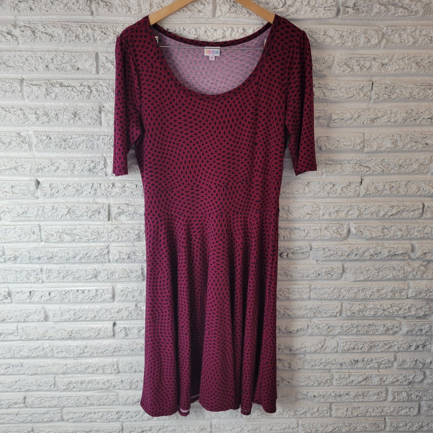 LuLaRoe Women's XL Fit & Flare T-Shirt Dress Burgundy Blue Diamond Geometric