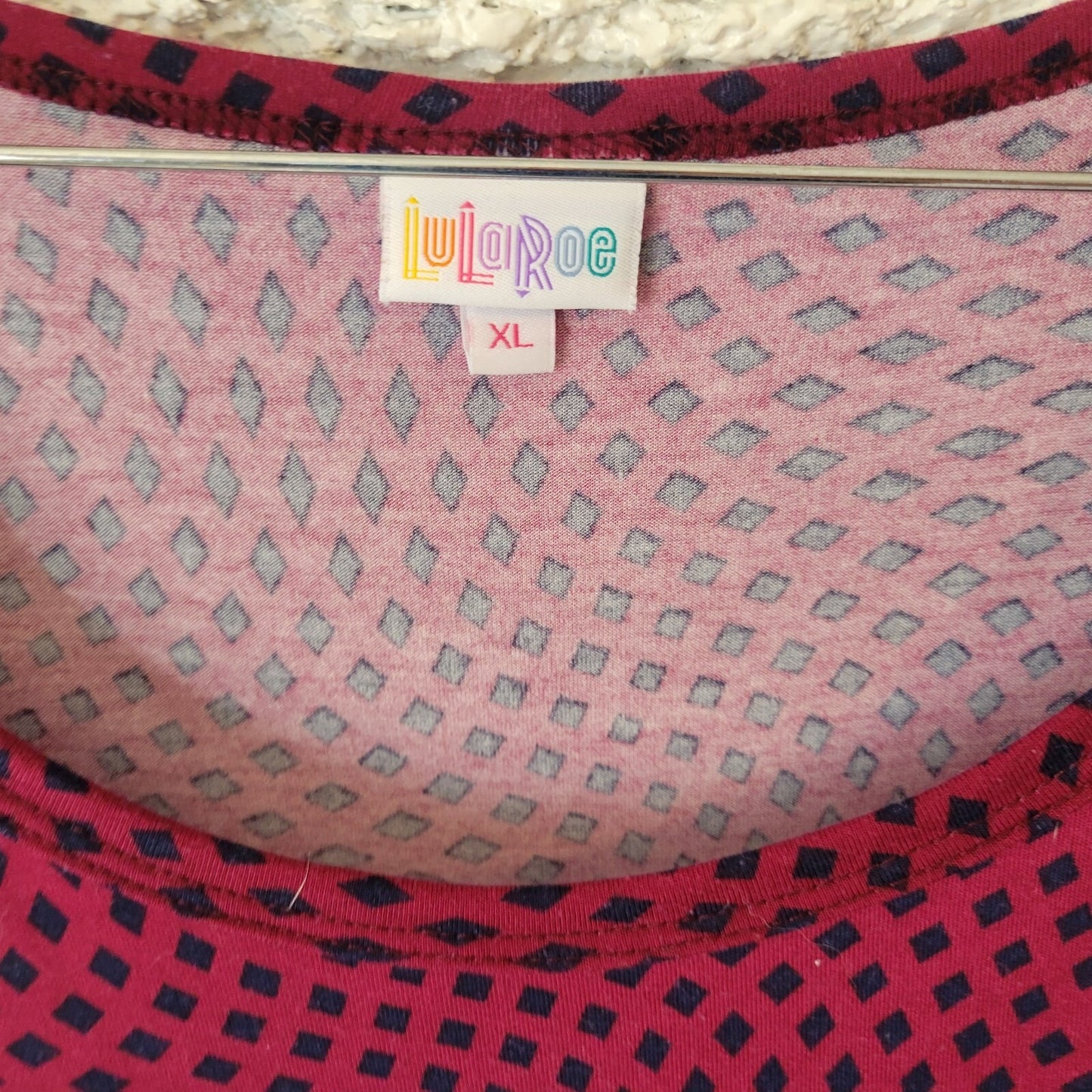 LuLaRoe Women's XL Fit & Flare T-Shirt Dress Burgundy Blue Diamond Geometric