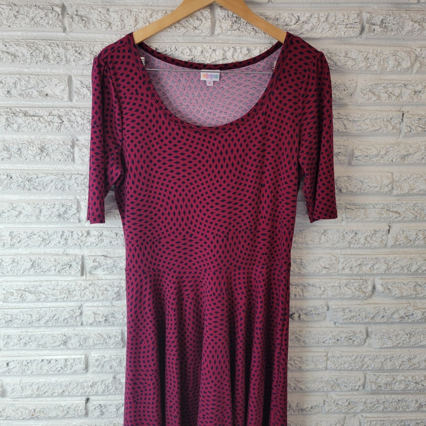 LuLaRoe Women's XL Fit & Flare T-Shirt Dress Burgundy Blue Diamond Geometric