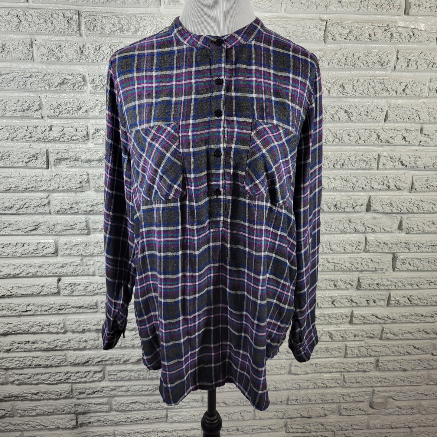 Lucky Brand Womens Top Extra Large Blue Purple Plaid Lightweight Casual Pockets
