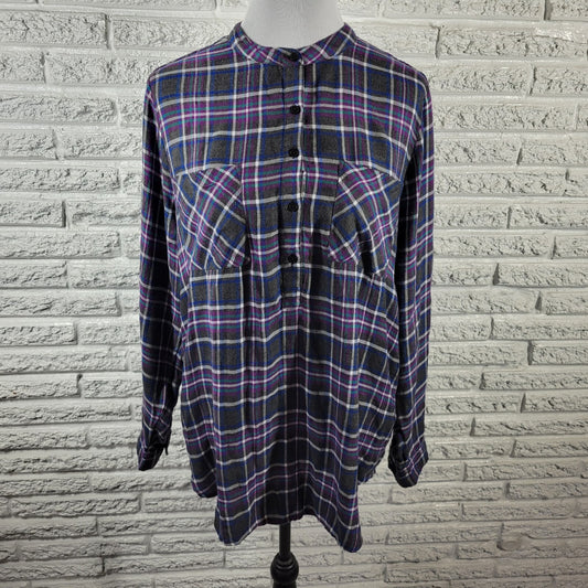 Lucky Brand Womens Top Extra Large Blue Purple Plaid Lightweight Casual Pockets