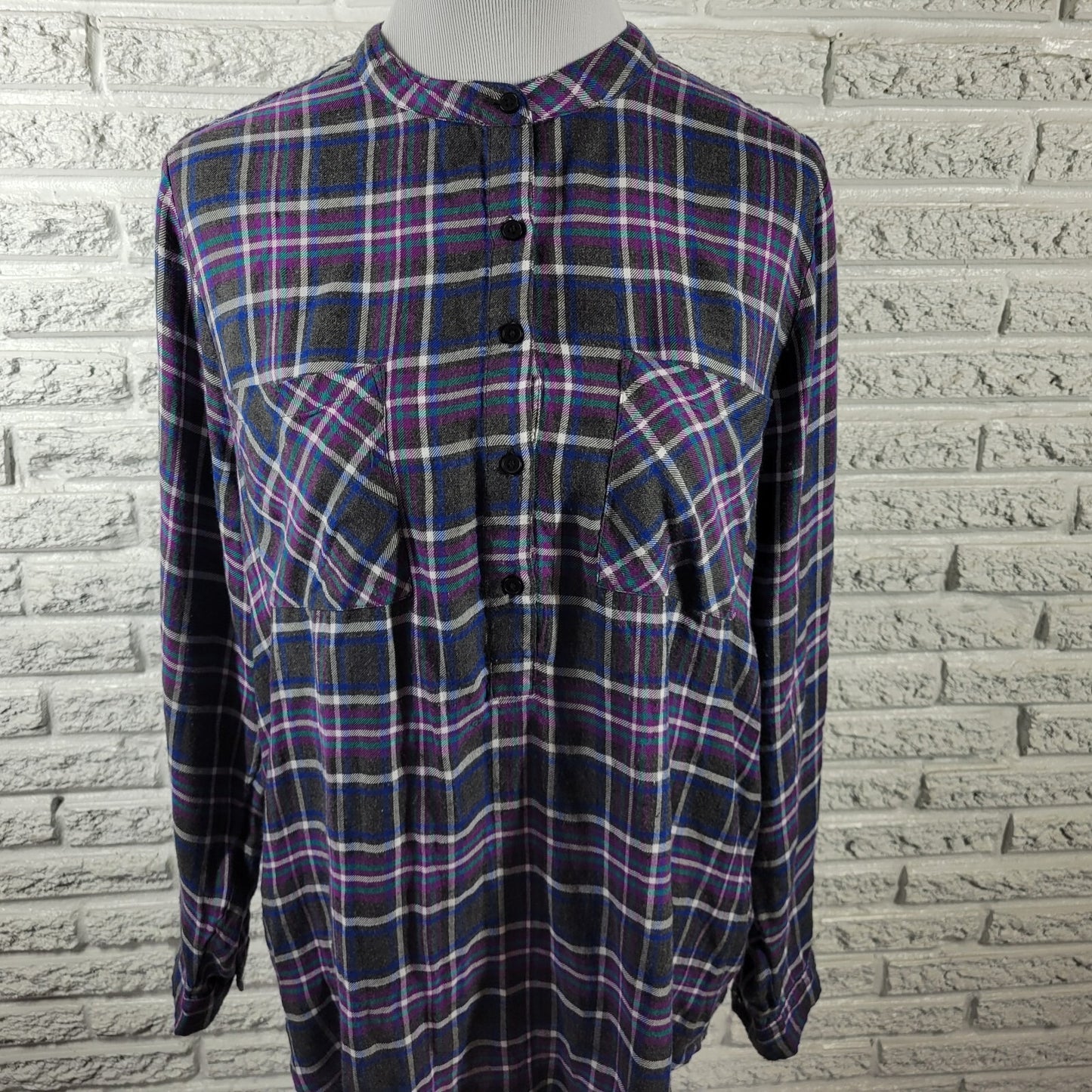 Lucky Brand Womens Top Extra Large Blue Purple Plaid Lightweight Casual Pockets
