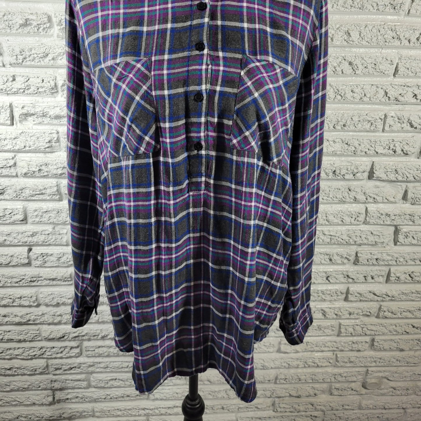Lucky Brand Womens Top Extra Large Blue Purple Plaid Lightweight Casual Pockets