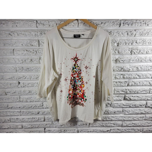 Christmas Onque Casuals Womens Top 2X Tee 3/4 Sleeve Rhinestones Tree White