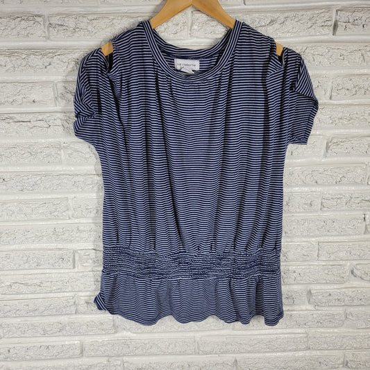Liz Claiborne Women Top XL Dolman Sleeve Blue Stripe Linen Polyester Lightweight