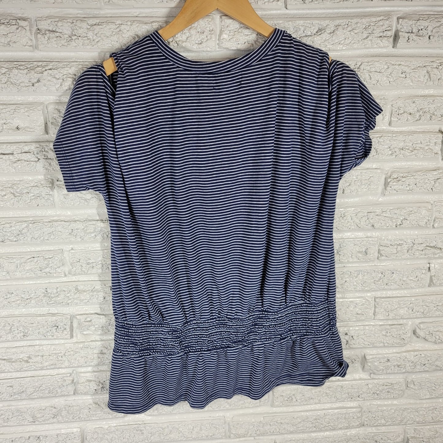 Liz Claiborne Women Top XL Dolman Sleeve Blue Stripe Linen Polyester Lightweight