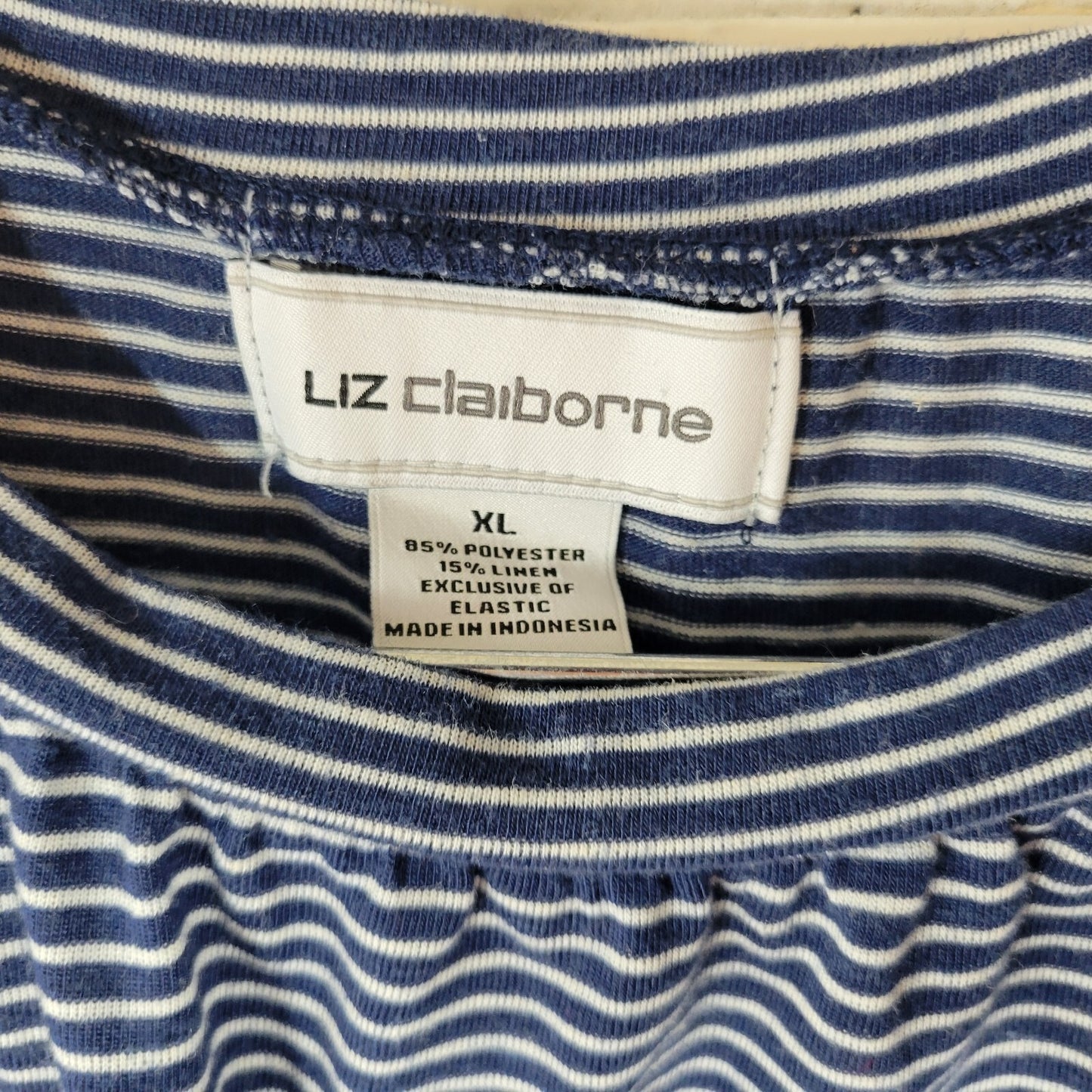 Liz Claiborne Women Top XL Dolman Sleeve Blue Stripe Linen Polyester Lightweight