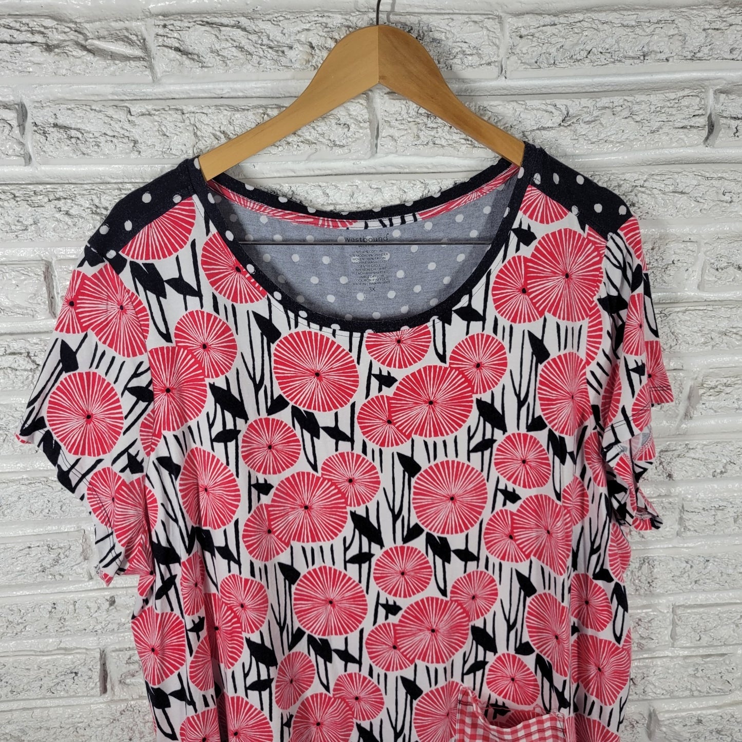 Westbound Womens Top 3X Plus Tee Cap Sleeve Red Geometric Cotton Blend Pocket