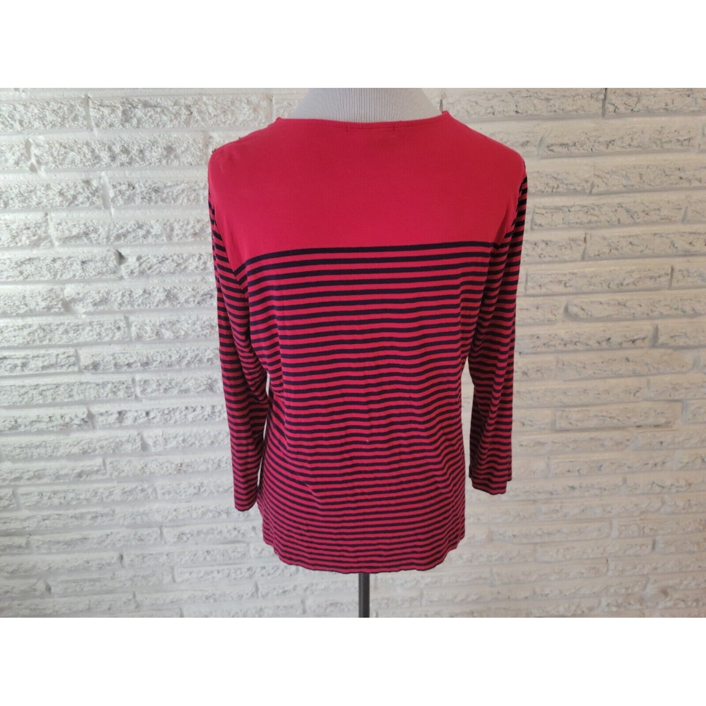 Chaps Womens Top Extra Large XL Tee Red Stripe Deco Buttons Stretch Casual Comfy