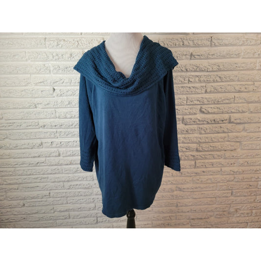 Dress Barn Womens Sweater 2X Plus Pullover Tunic Cowl Neck Blue Stretch Career