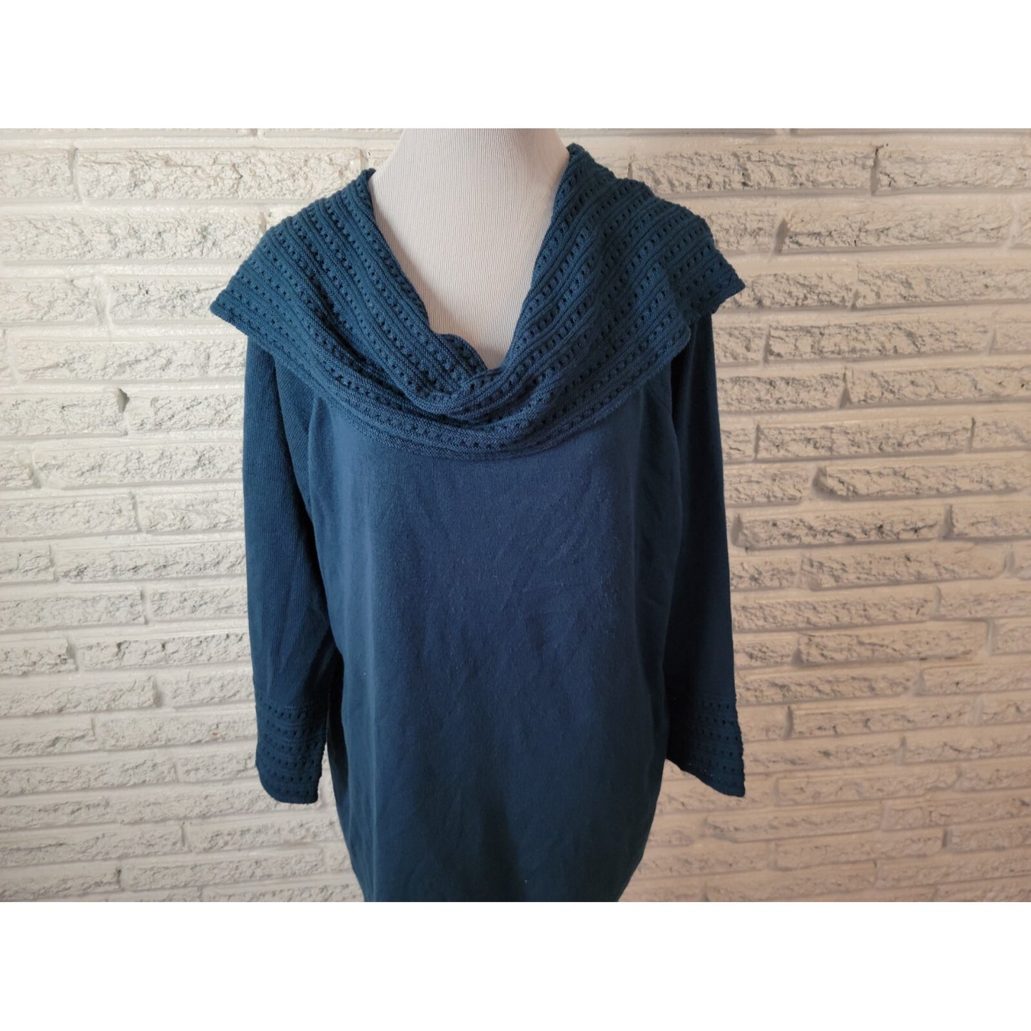 Dress Barn Womens Sweater 2X Plus Pullover Tunic Cowl Neck Blue Stretch Career