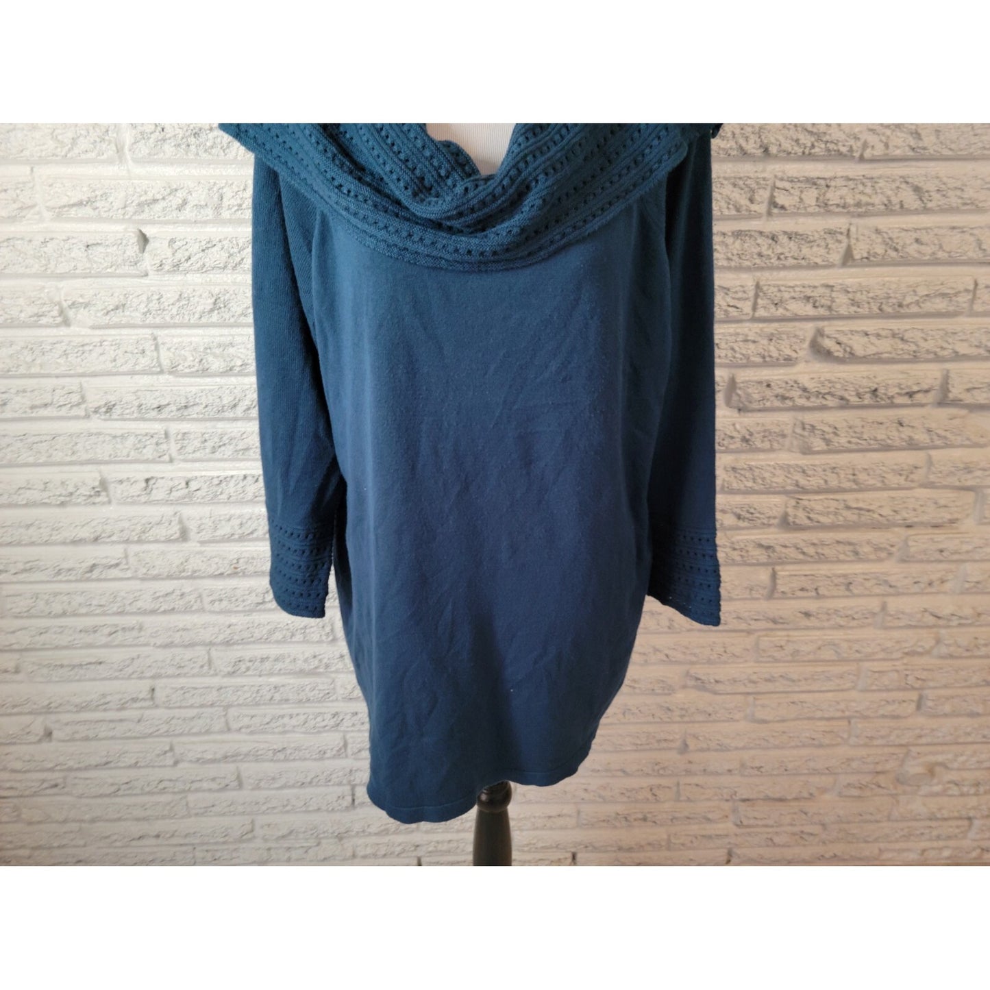 Dress Barn Womens Sweater 2X Plus Pullover Tunic Cowl Neck Blue Stretch Career