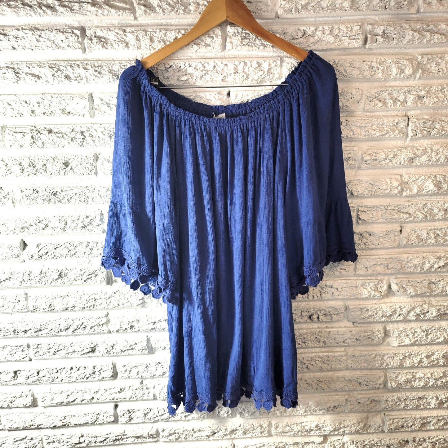 Avenue Womens Top 22 24 Plus Tunic On Off Shoulder Blue Crochet Trim Crinkle