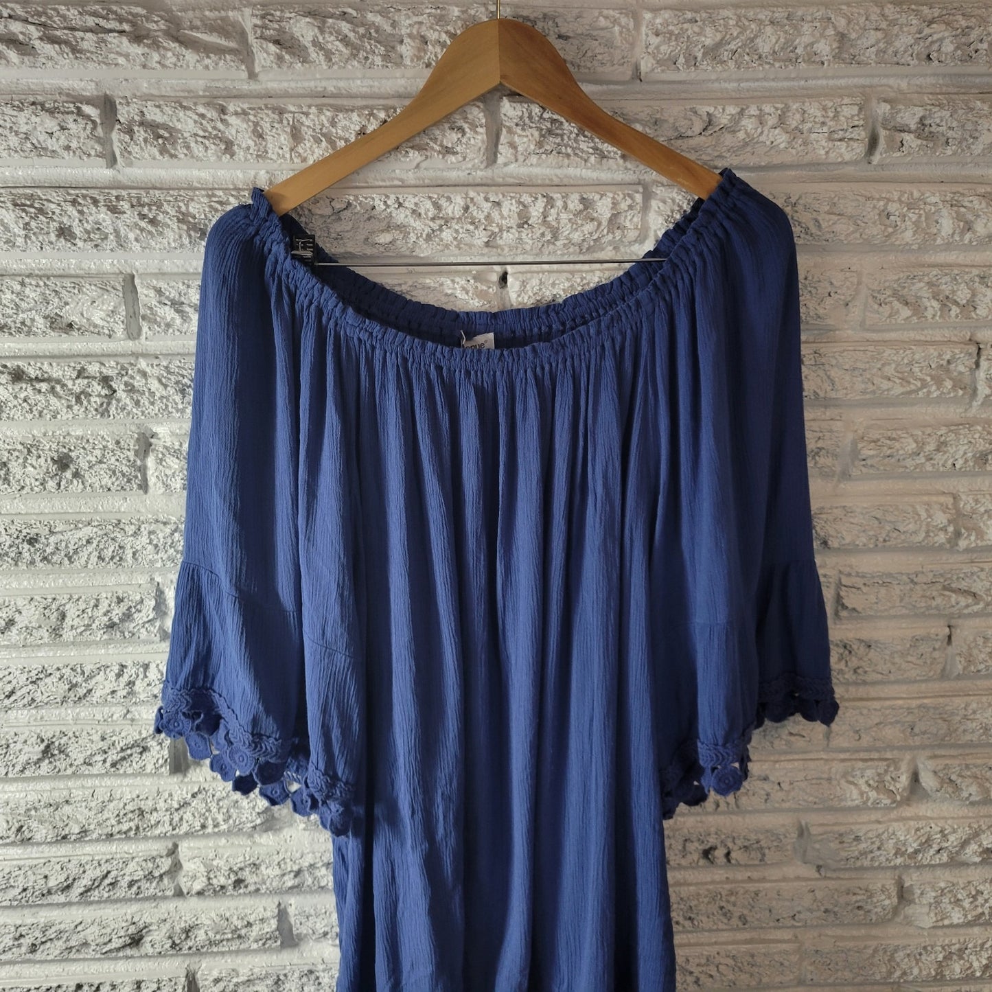 Avenue Womens Top 22 24 Plus Tunic On Off Shoulder Blue Crochet Trim Crinkle