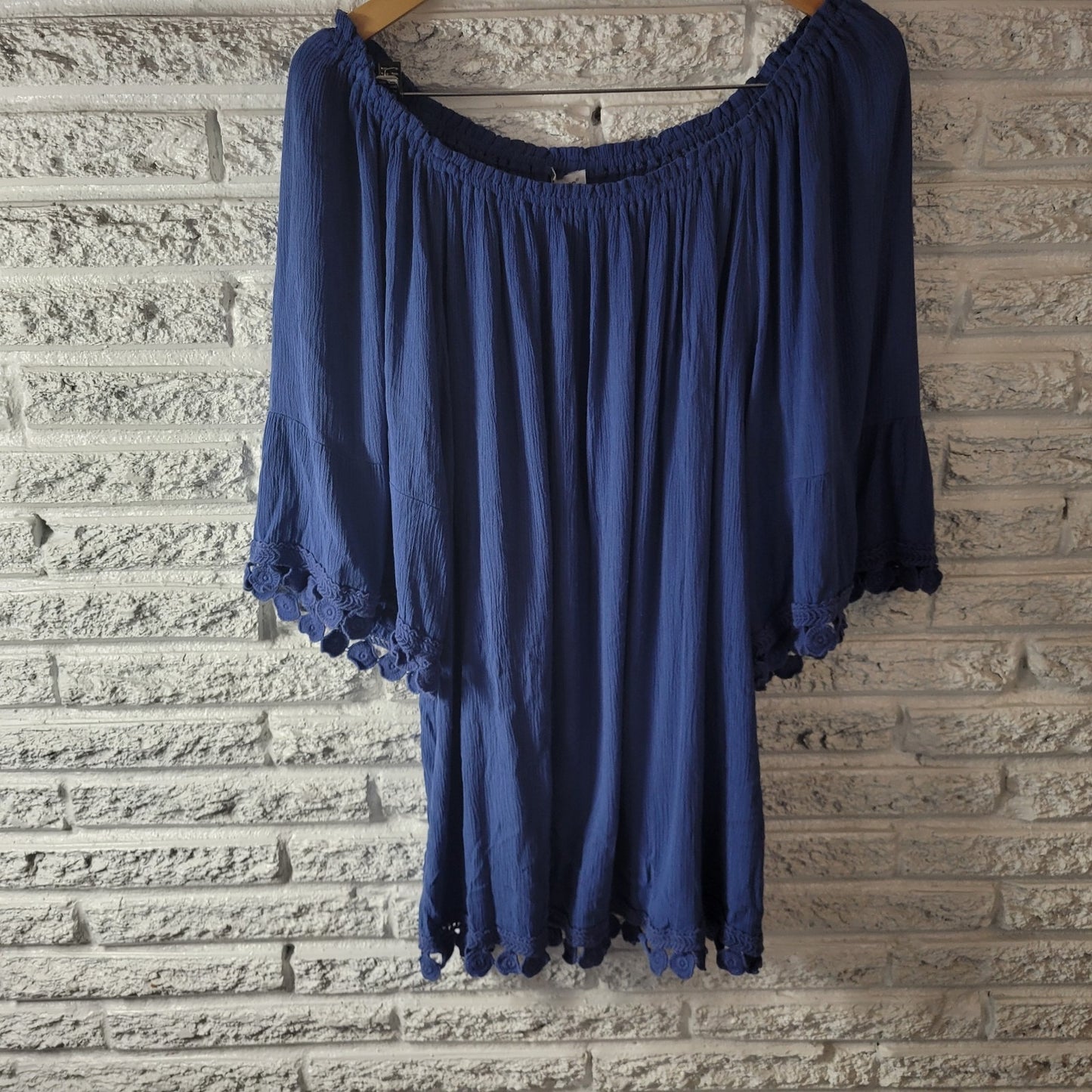 Avenue Womens Top 22 24 Plus Tunic On Off Shoulder Blue Crochet Trim Crinkle