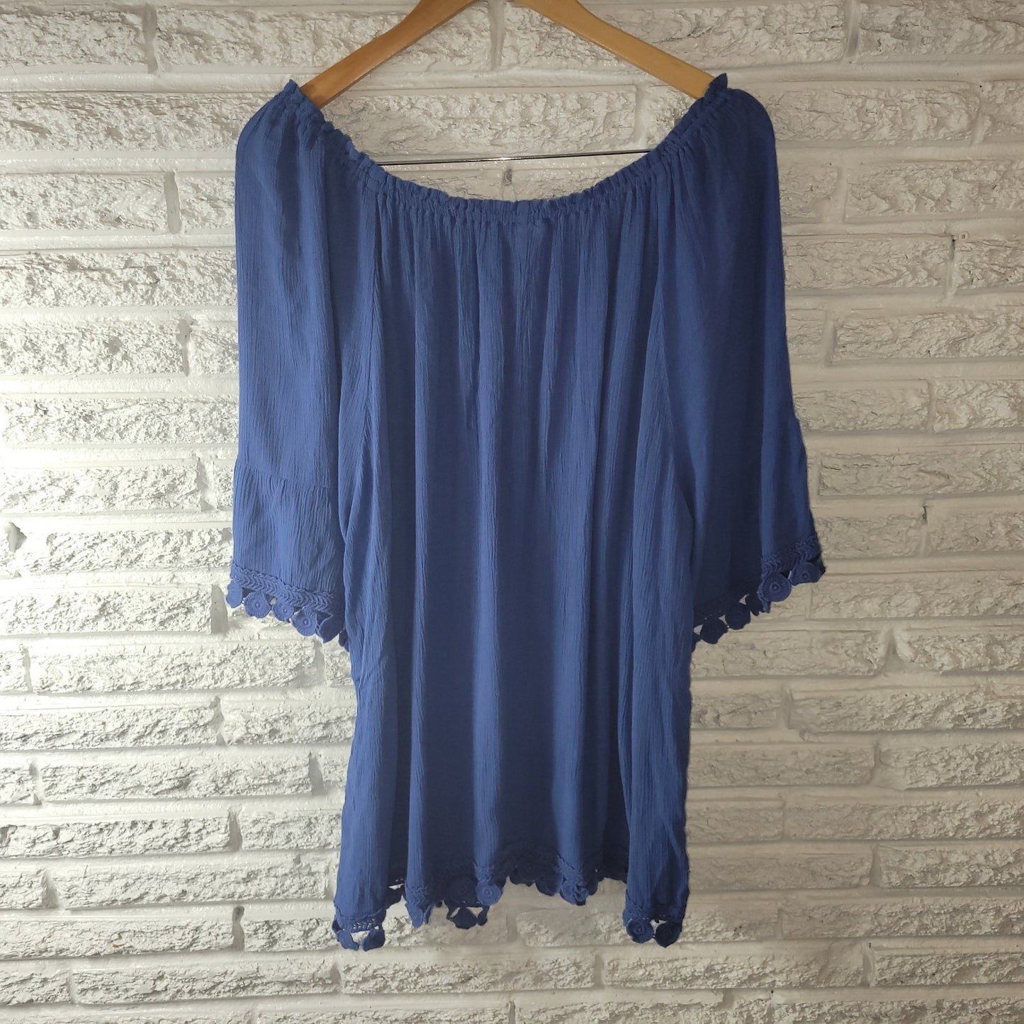 Avenue Womens Top 22 24 Plus Tunic On Off Shoulder Blue Crochet Trim Crinkle