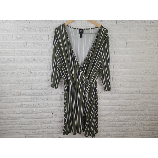 Derek Heart Women Dress 3X Plus Faux Wrap Pullover Green Stripe Draped Casual