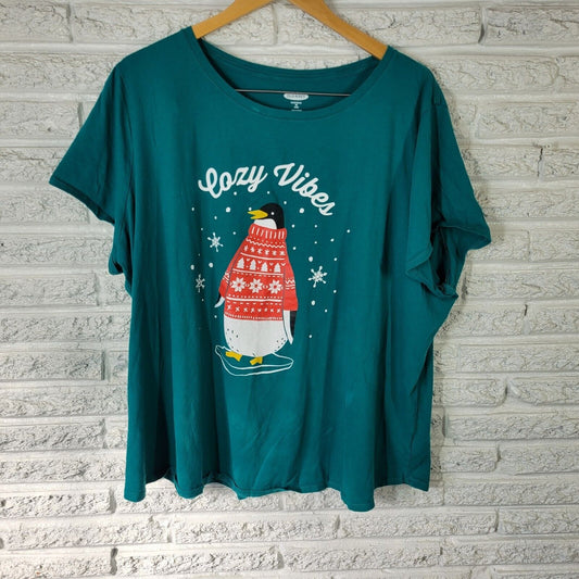 Old Navy Everywear Womens Top 3X Tee Pajama Cozy Vibes Penguin Blue Green Cotton