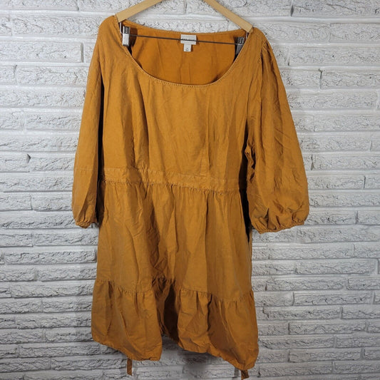 Ava Viv Womens Dress 2X Plus Fit Flare Gold Cotton Pleated Ruffle Sash Casual