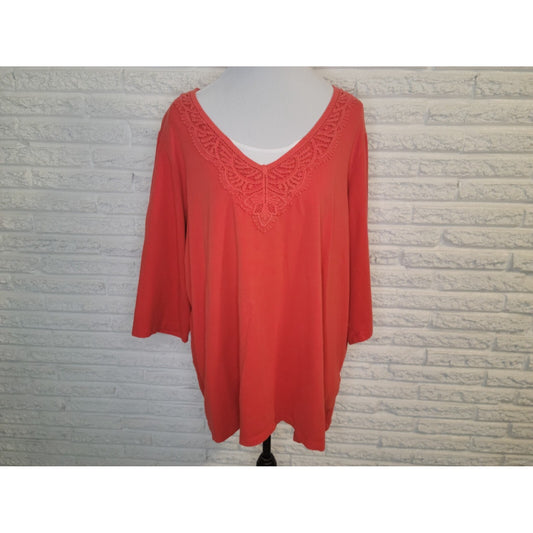 Catherines Womens Top 2X 22W 24W Plus 3/4 Sleeve Crochet Pullover Red Stretchy