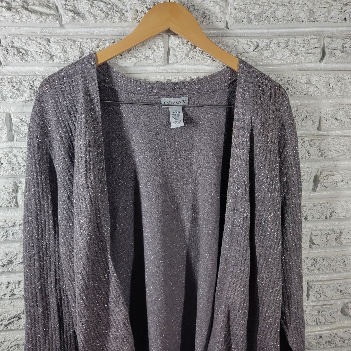 Catherines Womens Sweater 1X Plus Cardigan Open Gray Silver Metallic Thread