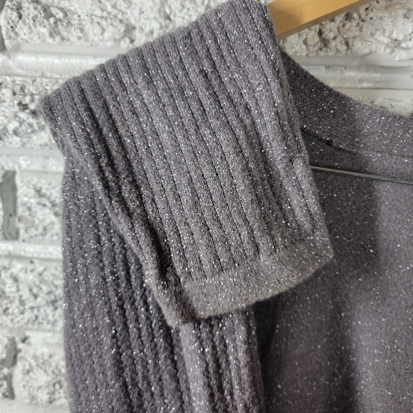 Catherines Womens Sweater 1X Plus Cardigan Open Gray Silver Metallic Thread