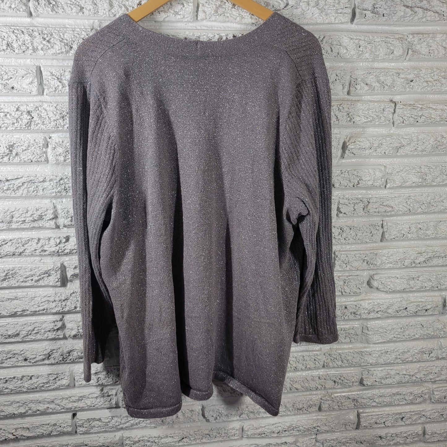 Catherines Womens Sweater 1X Plus Cardigan Open Gray Silver Metallic Thread