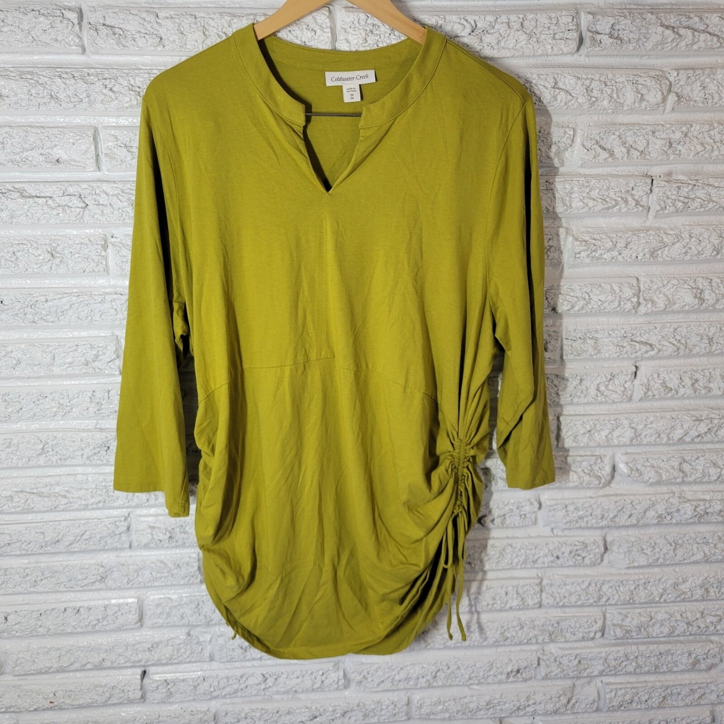 Coldwater Creek Womens Top 3X 24 Plus Tunic 3/4 Sleeve Green Tied Sides Ruched