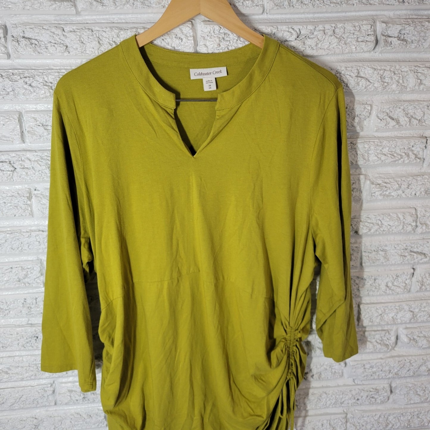Coldwater Creek Womens Top 3X 24 Plus Tunic 3/4 Sleeve Green Tied Sides Ruched