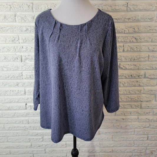 Dana Buchman Womens Top XXL Plus 3/4 Sleeve Blue Leaves Pleated Comfy Poly Blend