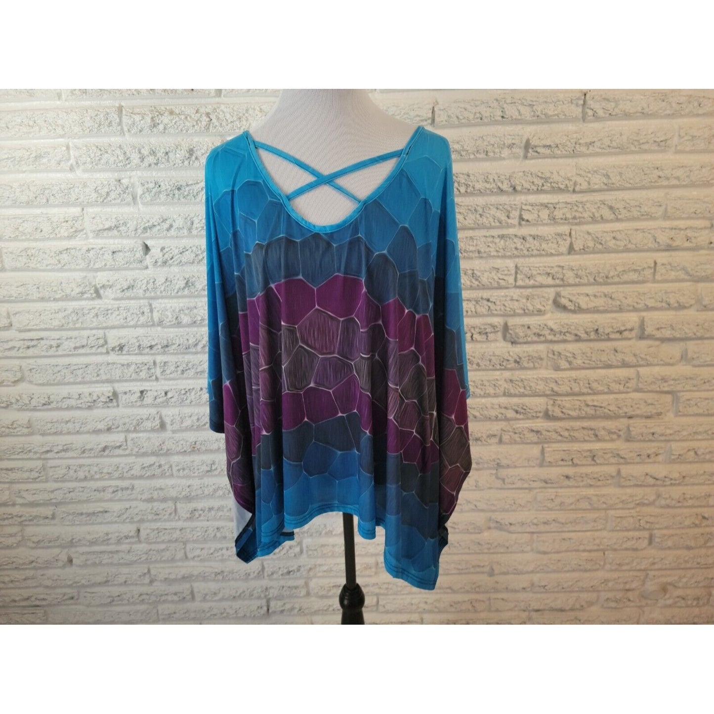 Lily by Firmiana Womens Top 2X Kimono Sleeve Lattice Poly Blend Blue Geometric