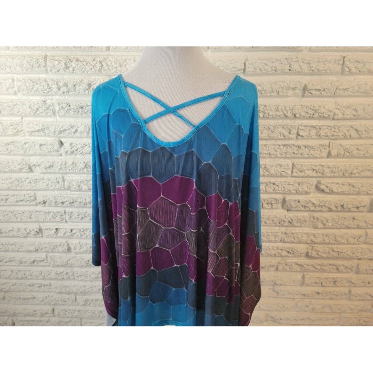 Lily by Firmiana Womens Top 2X Kimono Sleeve Lattice Poly Blend Blue Geometric