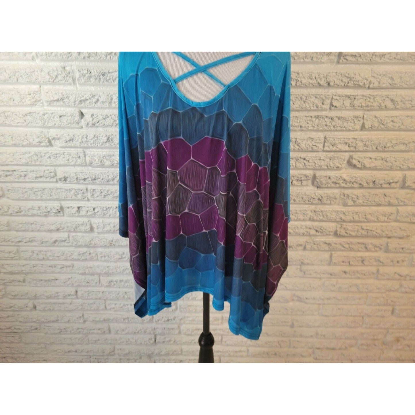 Lily by Firmiana Womens Top 2X Kimono Sleeve Lattice Poly Blend Blue Geometric