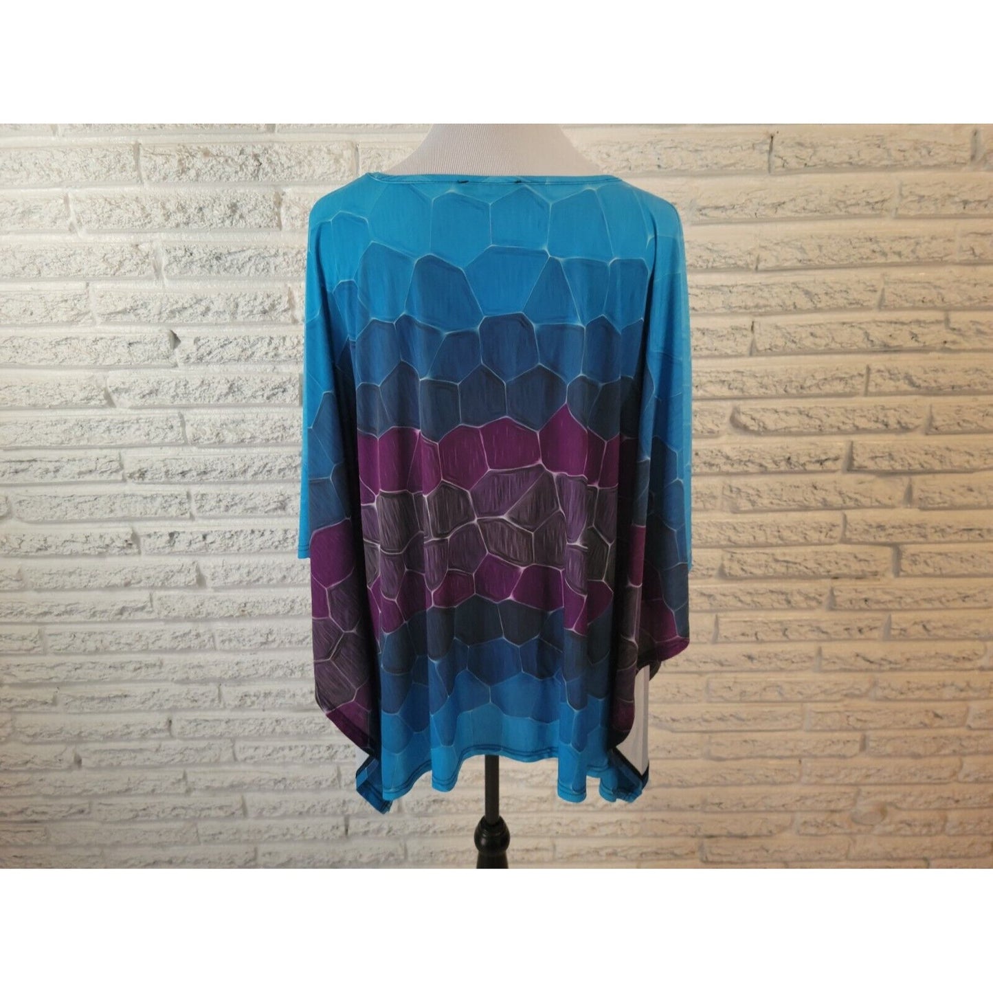 Lily by Firmiana Womens Top 2X Kimono Sleeve Lattice Poly Blend Blue Geometric