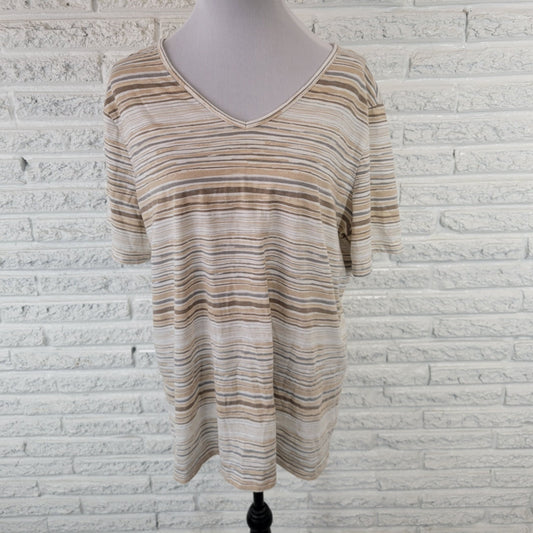 Coral Bay Womens Top 1X Plus Tee Short Sleeve Beige Tan Stripe Cotton Blend