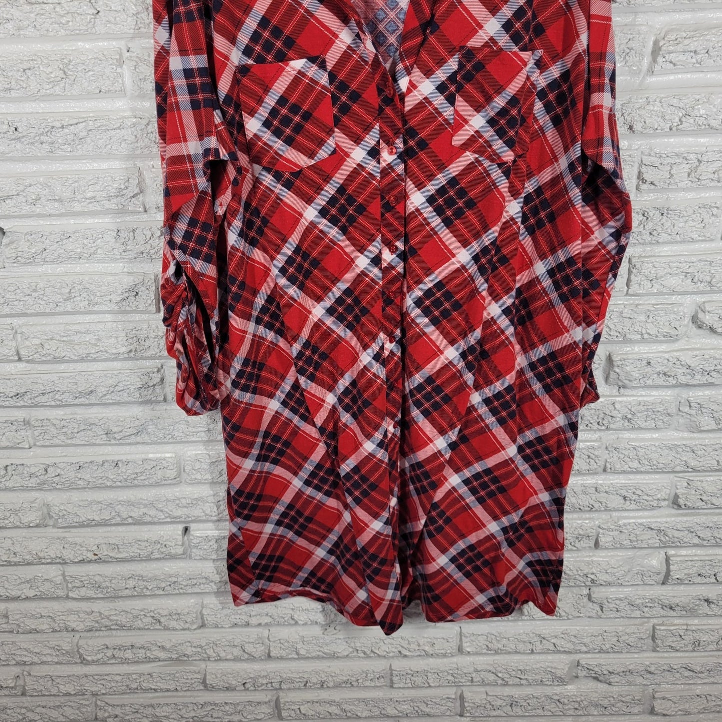 Kristin Nicole Womens Dress 2X Plus Roll Tab Sleeve Red Plaid Button Up Collar