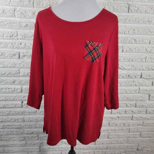 Quacker Factory QVC Womens Top 1X Plus Knit 3/4 Sleeve Red Studded Casual Pocket