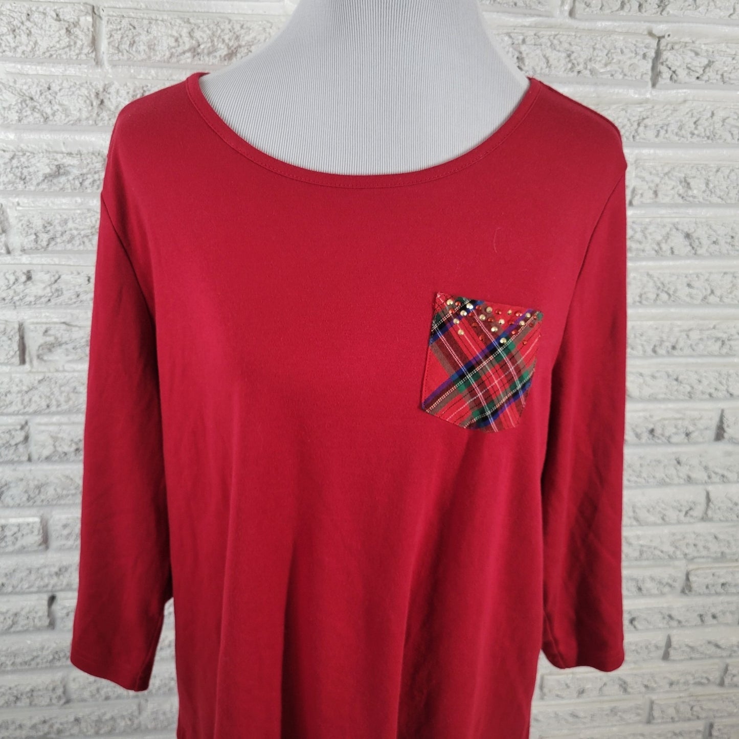 Quacker Factory QVC Womens Top 1X Plus Knit 3/4 Sleeve Red Studded Casual Pocket