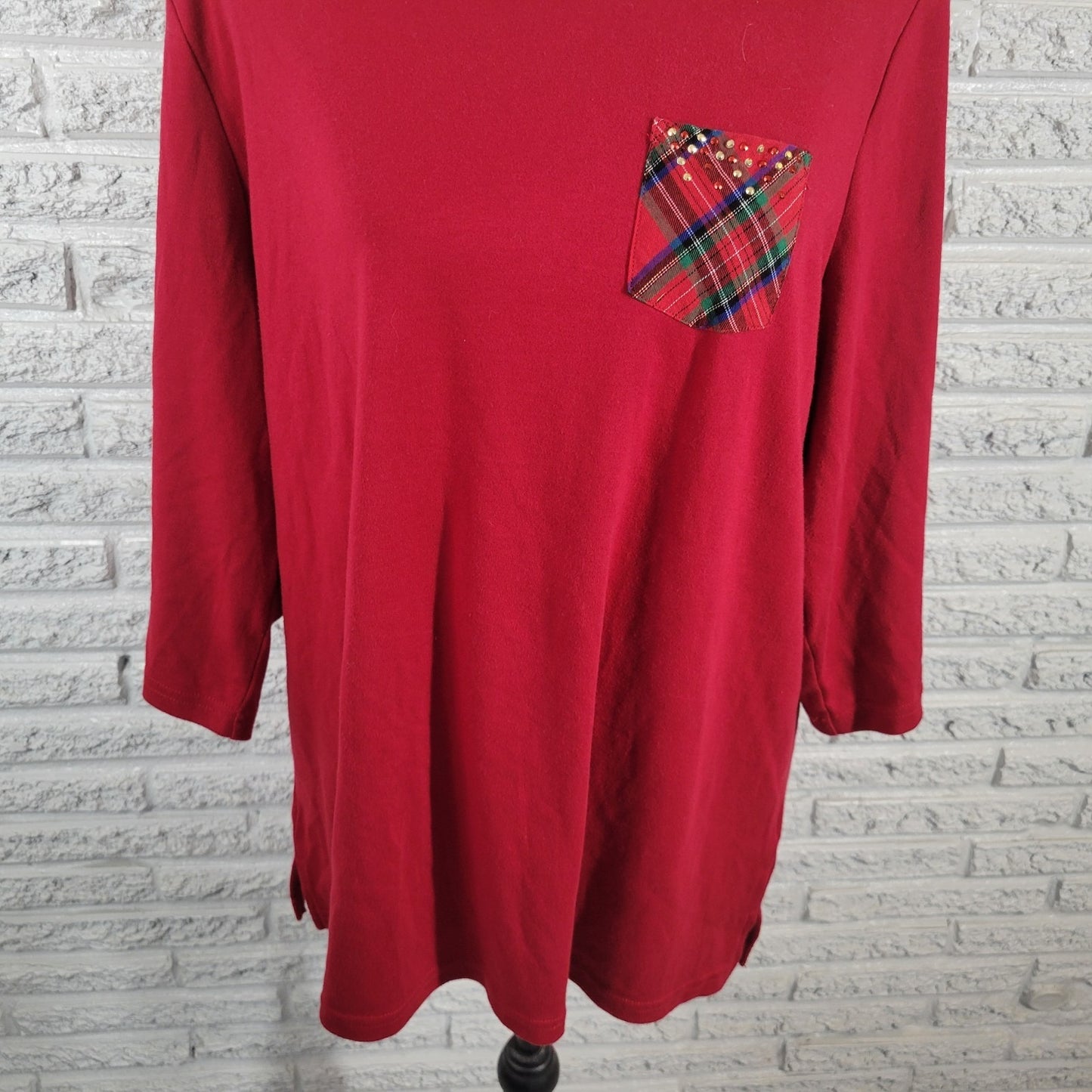 Quacker Factory QVC Womens Top 1X Plus Knit 3/4 Sleeve Red Studded Casual Pocket