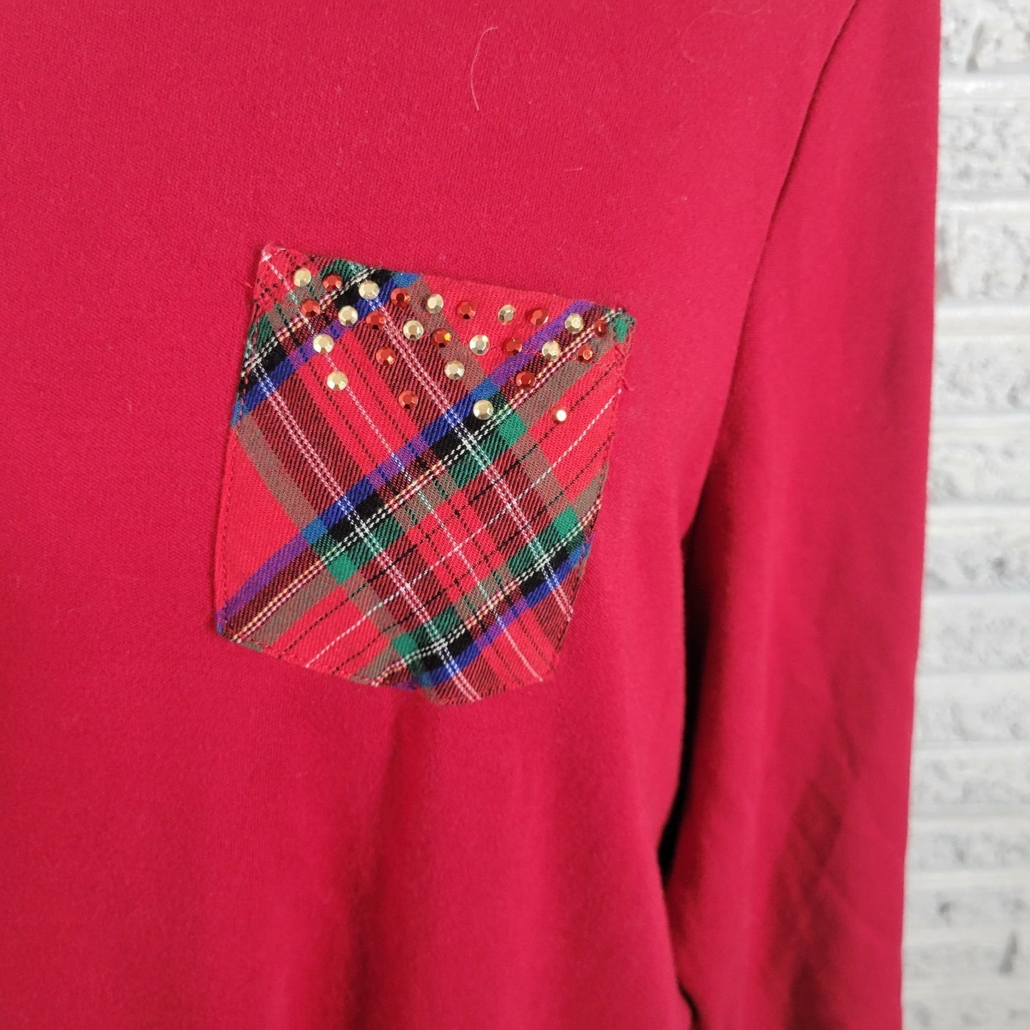 Quacker Factory QVC Womens Top 1X Plus Knit 3/4 Sleeve Red Studded Casual Pocket