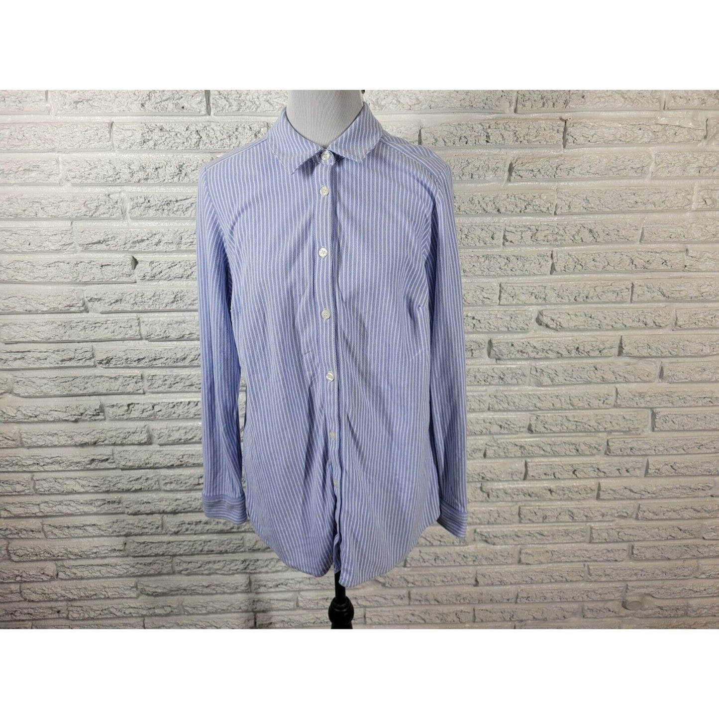 Charter Club Women Top 1X Plus Long Sleeve Blue Stripe Cotton Collar Button Up