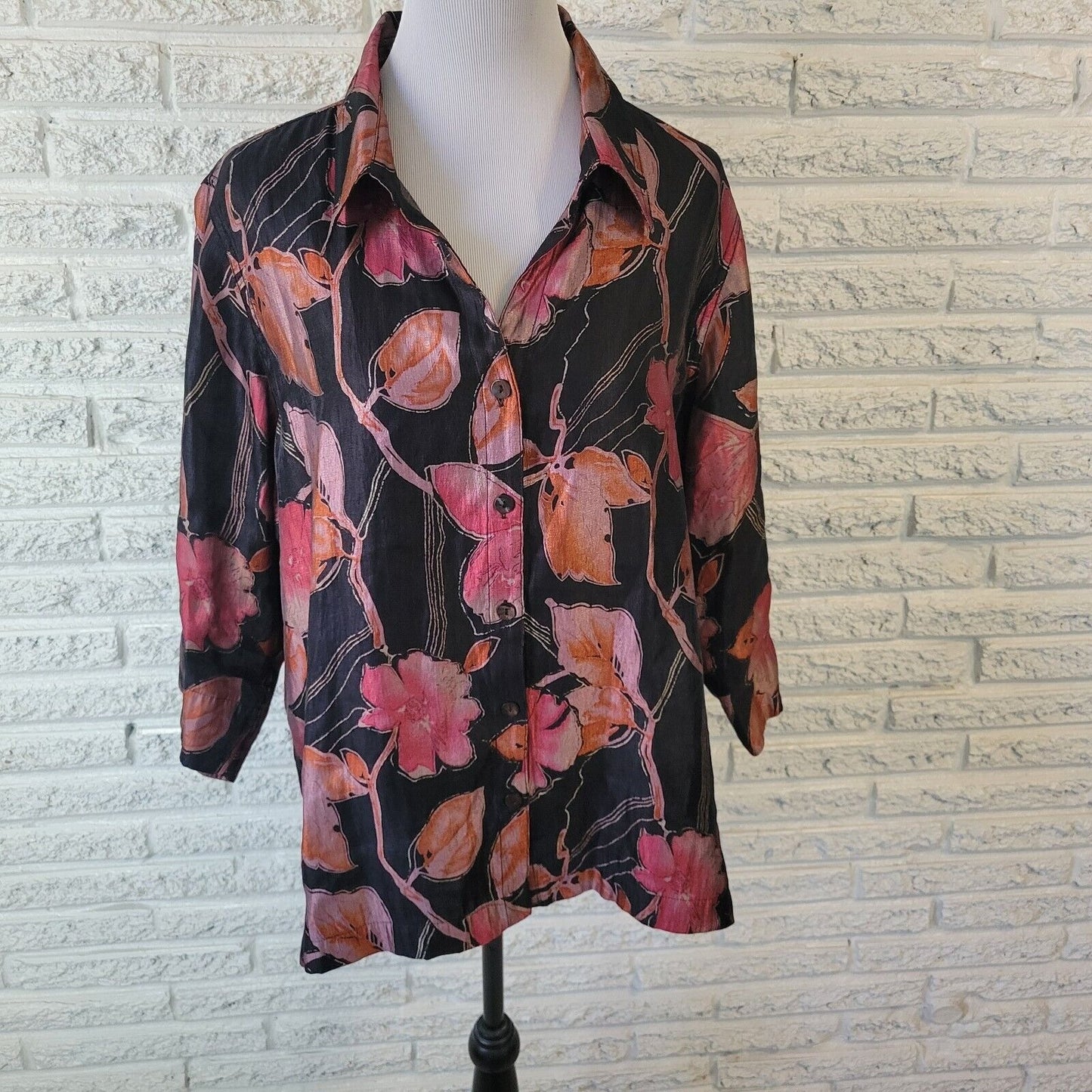 Scott Taylor Womens Top 1X 3/4 Sleeve Black Pink Floral Button Up Lightweight